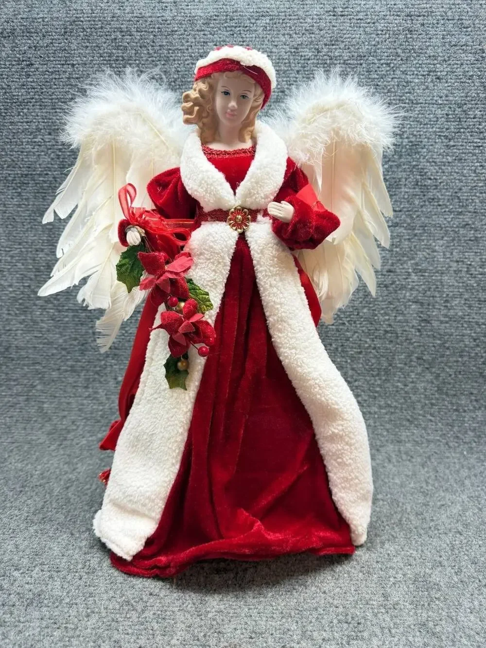 Christmas Angel Figurine Red Dress Feather Wings Holiday Decor